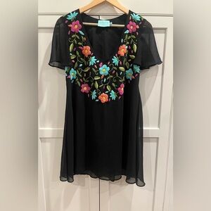 Judith March Black Floral Embroidered V-Neck Dress